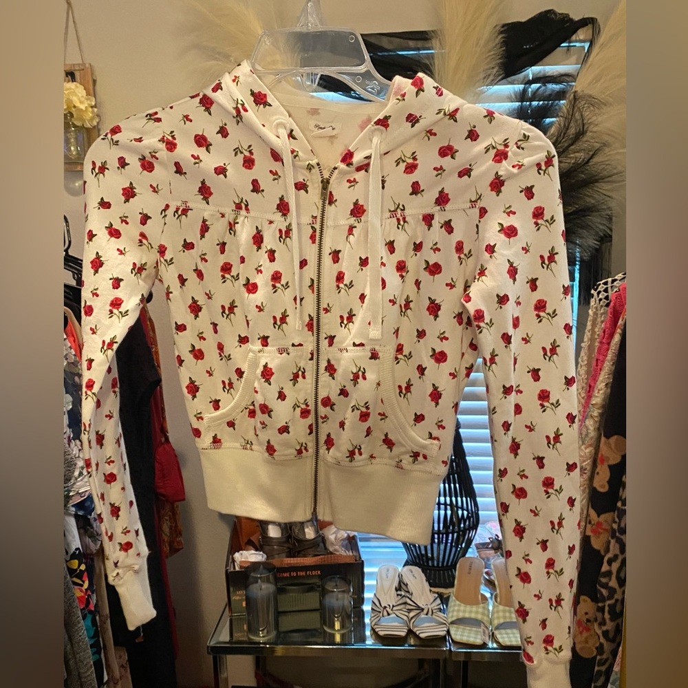 White Zip Hoodie with Red Rose Print